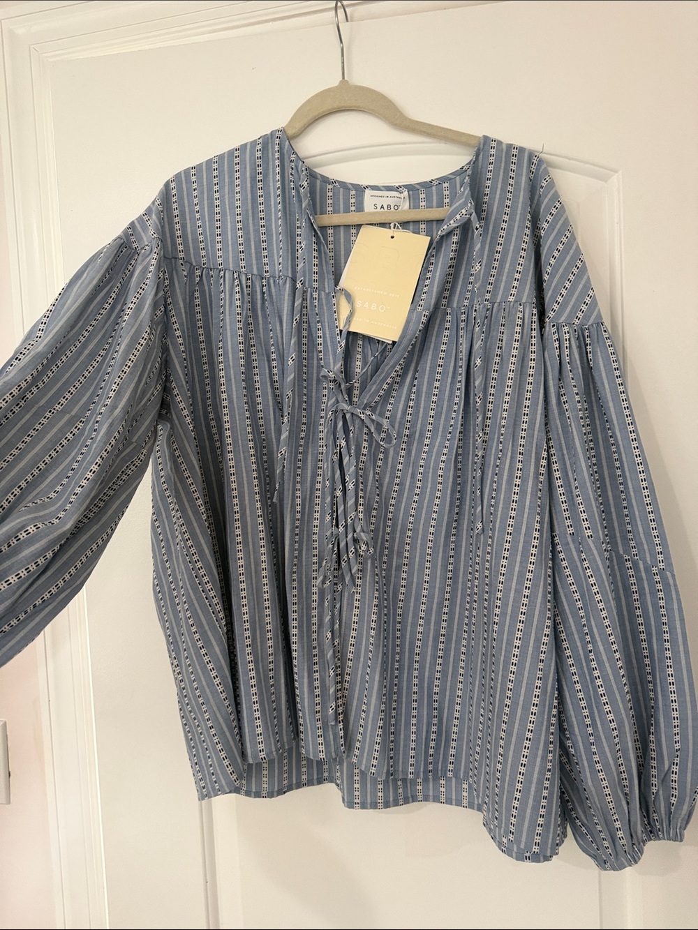 SABO Blue Striped Tie-Front Peasant Blouse
